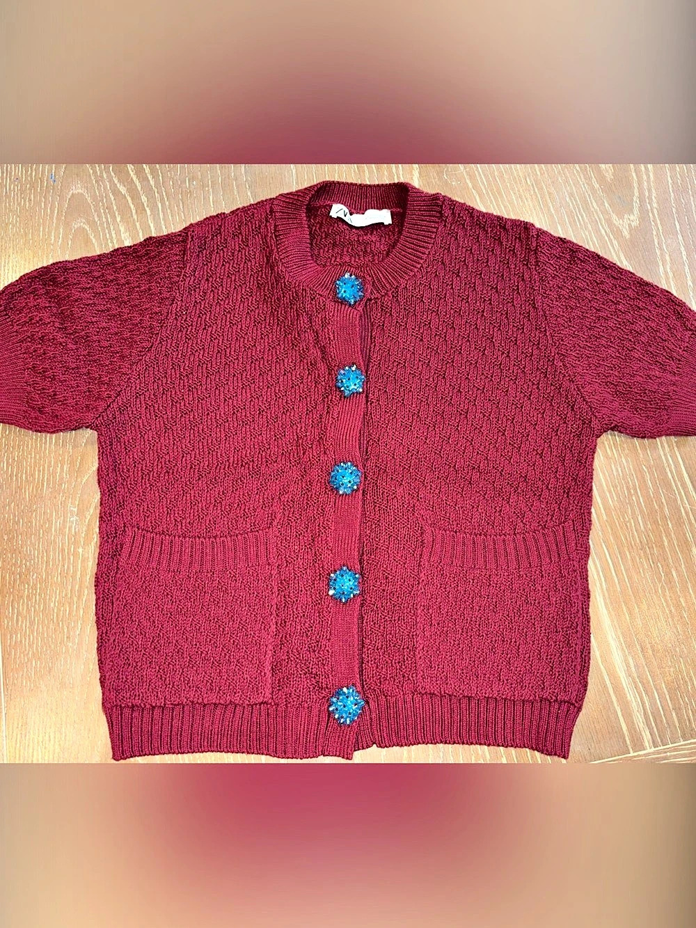 Zara Embellished Button Cardigan in Burgundy Size Small